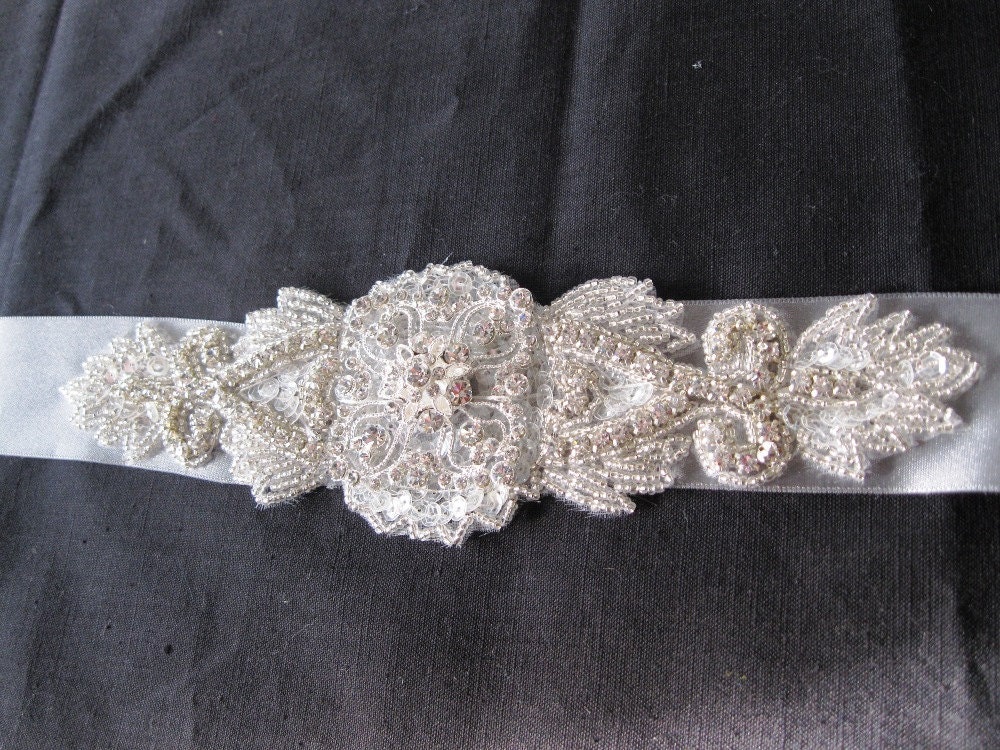Bridal Sash,  Rhinestone Wedding Sash on Luxurious Gray Ribbon