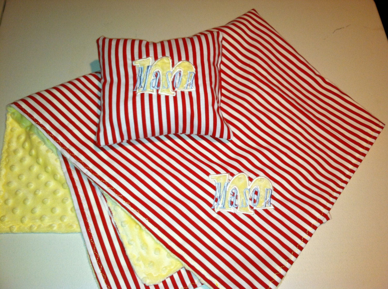 Baby Girl or Boy Reversible Blanket and Pillow with Minky Personalized Monogram Name and Initial Appliqué You Choose Fabrics