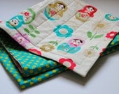 Folkloric Matryoshkas Baby Quilt / Nesting Dolls Baby Bedding with Organic Cotton - Ivory with Teal Green Polka Dots - Home Decor