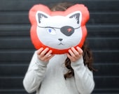 Organic Pirate Cat Pillow Cushion - Stuffed Toy - Modern Kids Home Decor - Eco-Friendly Baby Softie in Cherry Red and Silver by SewnNatural