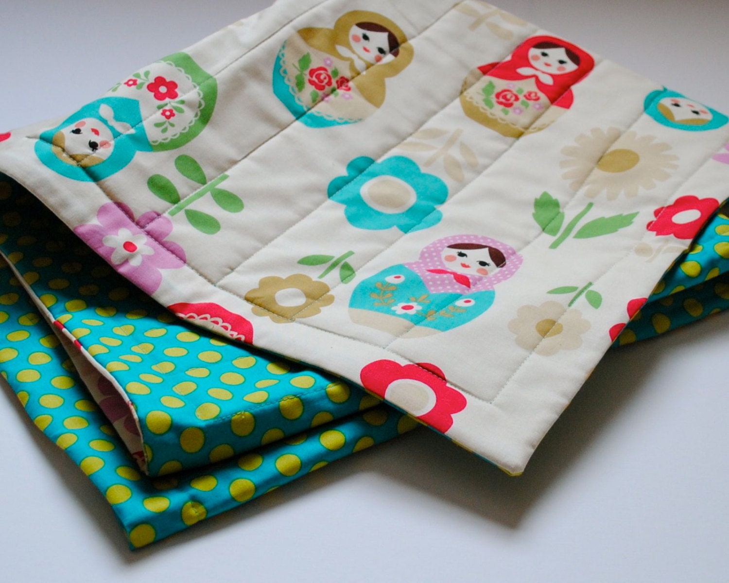Folkloric Matryoshkas Baby Quilt / Nesting Dolls Baby Bedding with Organic Cotton - Ivory with Teal Green Polka Dots - Home Decor