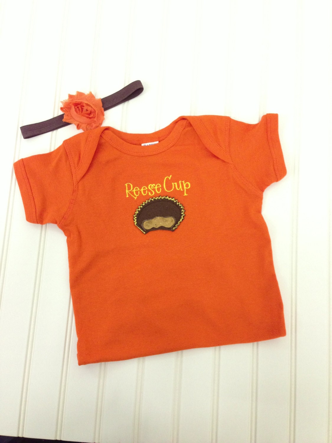 Reese Cup peanut butter cup onesie with bow and headband