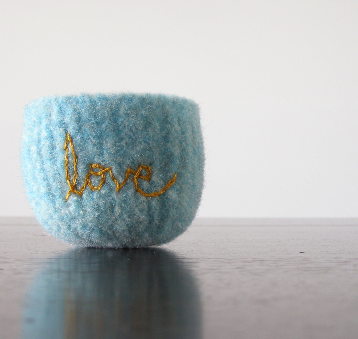 felted wool bowl - aquamarine blue felted bowl with embroidered golden yellow cotton word "love" -  air plant holder - Mothers day