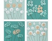 Canvas Wall Art - Set of Four Flower Paintings - Teal and Brown Home Decor - 25X25 Square - IN STOCK