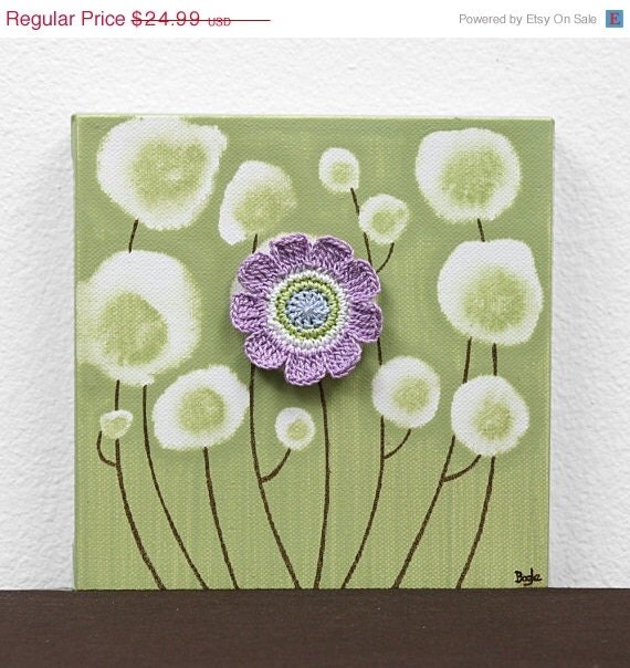 On Sale - Gift for Little Girl - Mini Artwork - Flower Painting on Canvas for Girls Room Decor in Green and Purple - IN STOCK