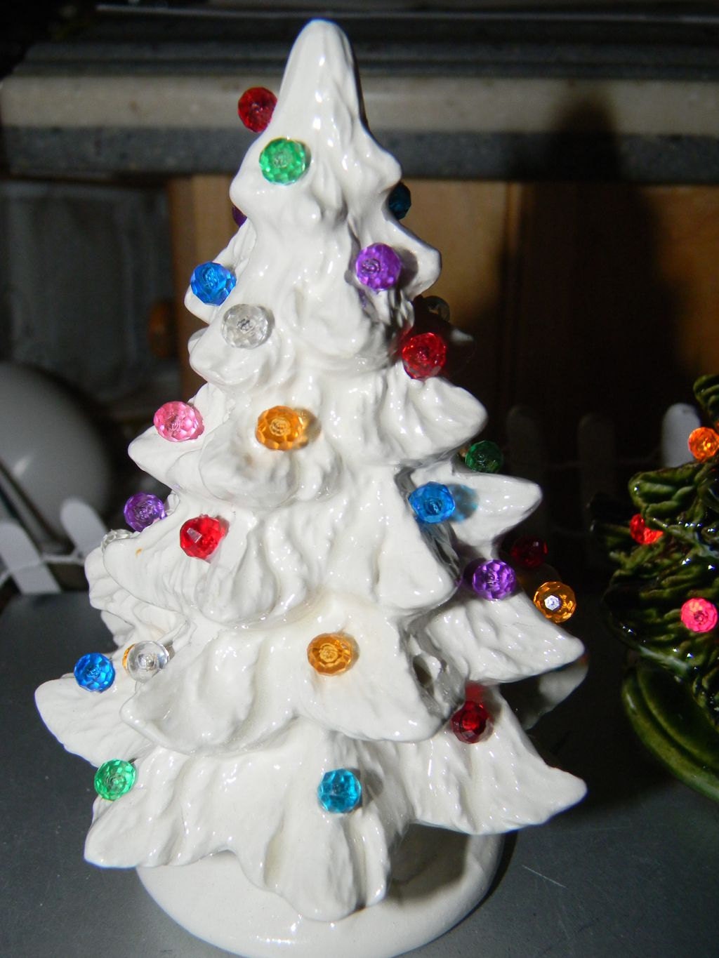 Ceramic Christmas Tree  Evergreen WHITE   5"  Vintage style Lighted - desk top - nursing home - dollhouse Ready to ship Lots of lights