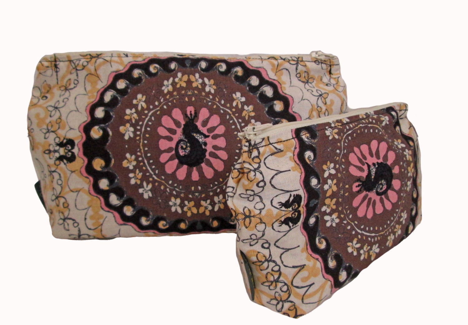 Set of Two Zipper Pouches - Handmade Cosmetics Bags, Travel Accessories, Make up Bags