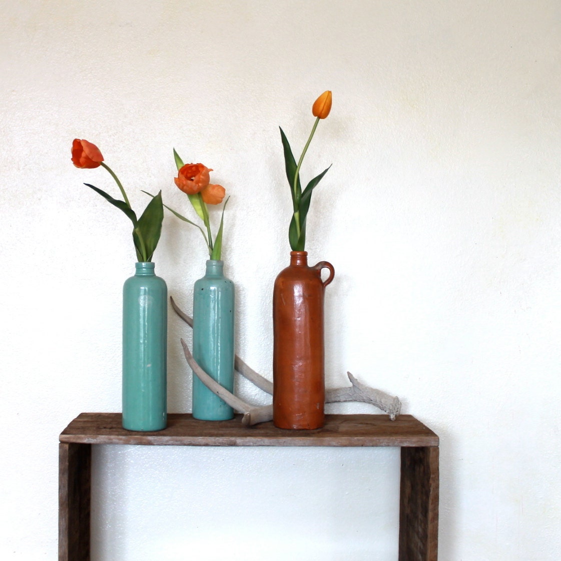Vintage Ceramic stoneware bottles set of three, blue and brown create a Pottery barn LOOK a FRESH spring collection