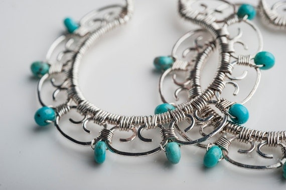 Large Filigree Hoop Earrings in Sterling Silver with Turquoise: Leela - Made to Order