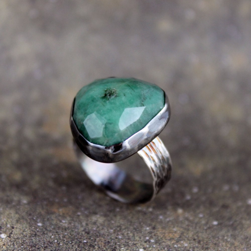 Emerald Ring  -  May Birthstone Ring - Green Gemstone Ring - Rustic Emerald Ring - Sterling Silver Statement Ring