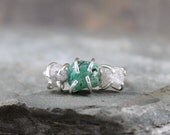 Three Stone Rough Diamonds and Rough Green Emerald and Sterling Silver Ring  - Trio Engagement Ring - Anniversary Ring - May Birthstone Ring
