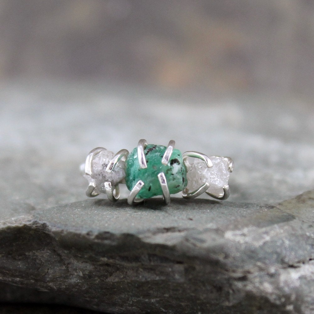 Three Stone Rough Diamonds and Rough Green Emerald and Sterling Silver Ring  - Trio Engagement Ring - Anniversary Ring - May Birthstone Ring