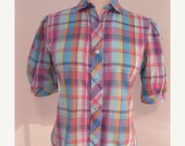 50% off Storewide Sale vintage PLAID blouse SCHOOLGIRL ruffled peter pan collar pink spring LOVE