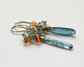 Moss Kyanite, Citrine and Aquamarine Dangle Earrings, Sterling Silver Gemstone Earrings