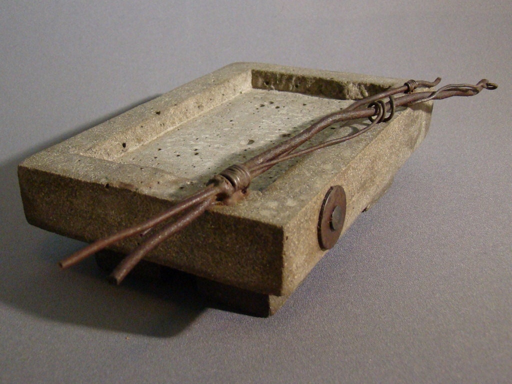 CAST STONE TRAY - With Iron Twig Sculpture - Concrete - One of a Kind