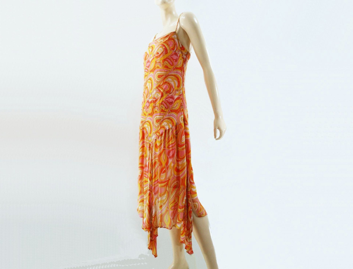 Vintage 90s Flapper Dress Orange Pink Chiffon Abstract 20s Style Bias Dress / L