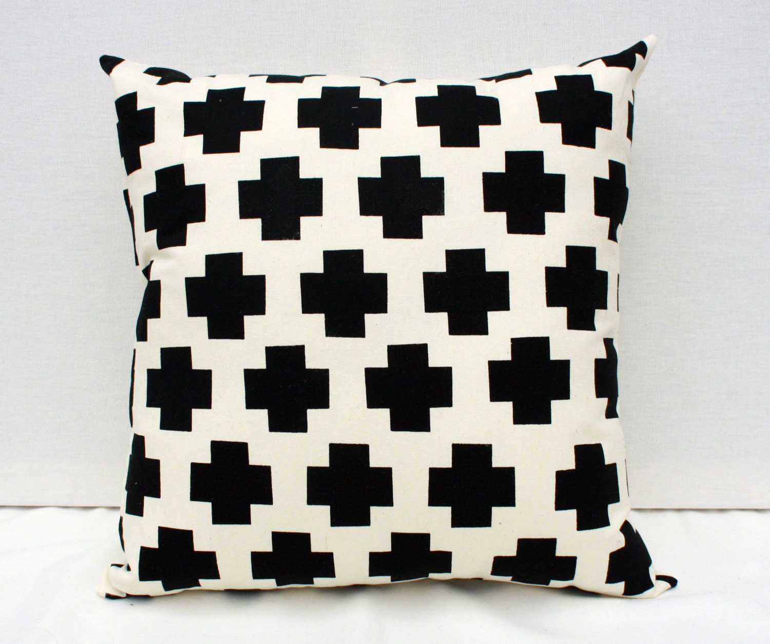 Me Plus You - black and natural plus sign repeat pattern organic screenprinted pillow 20"x20"