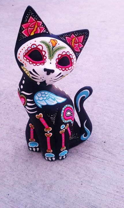 Dia de los Muertos Hand Carved wooden Cat - Painted to honor your pet