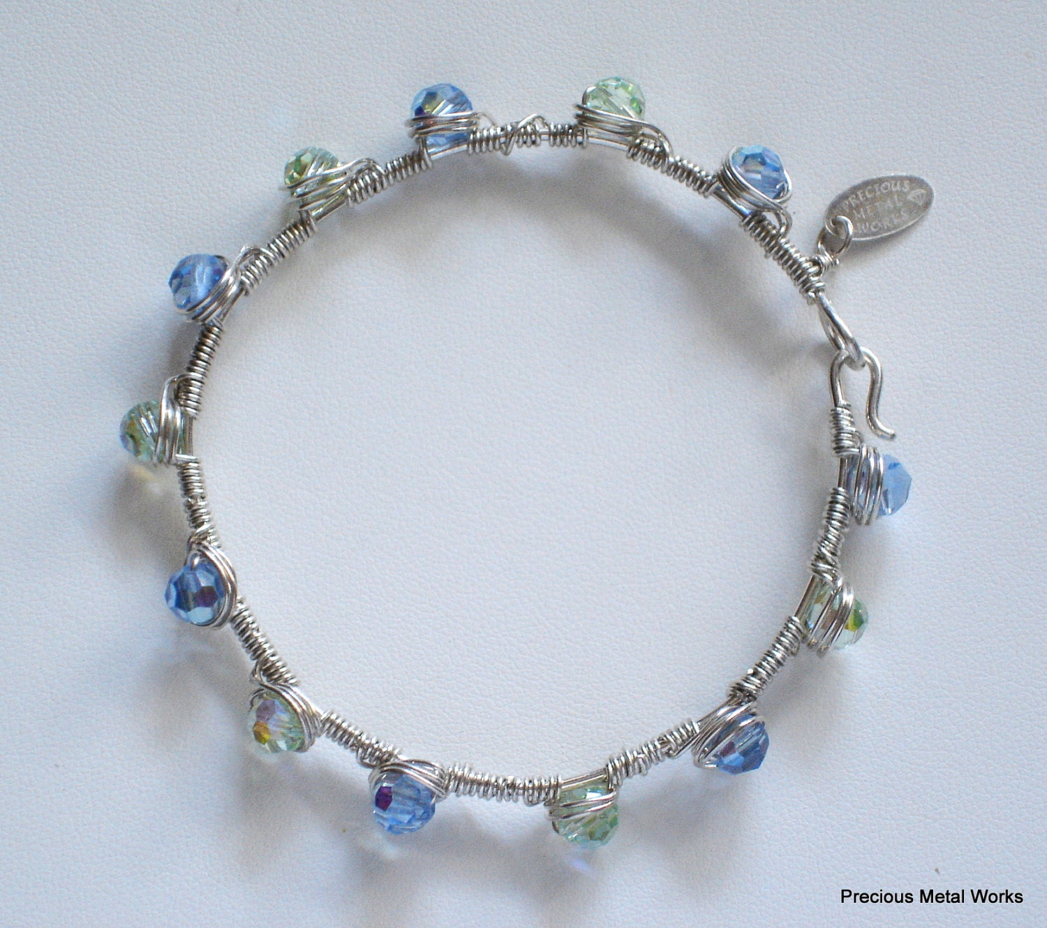 Tamara, handmade, sterling silver, Swarovski and Czech crystal bead, wire wrapped, bangle bracelet