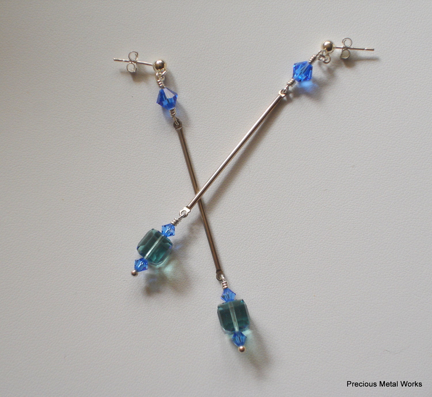 Gemma, handmade, Swarovski blue and green crystal, long dangle earrings with sterling silver round stud findings