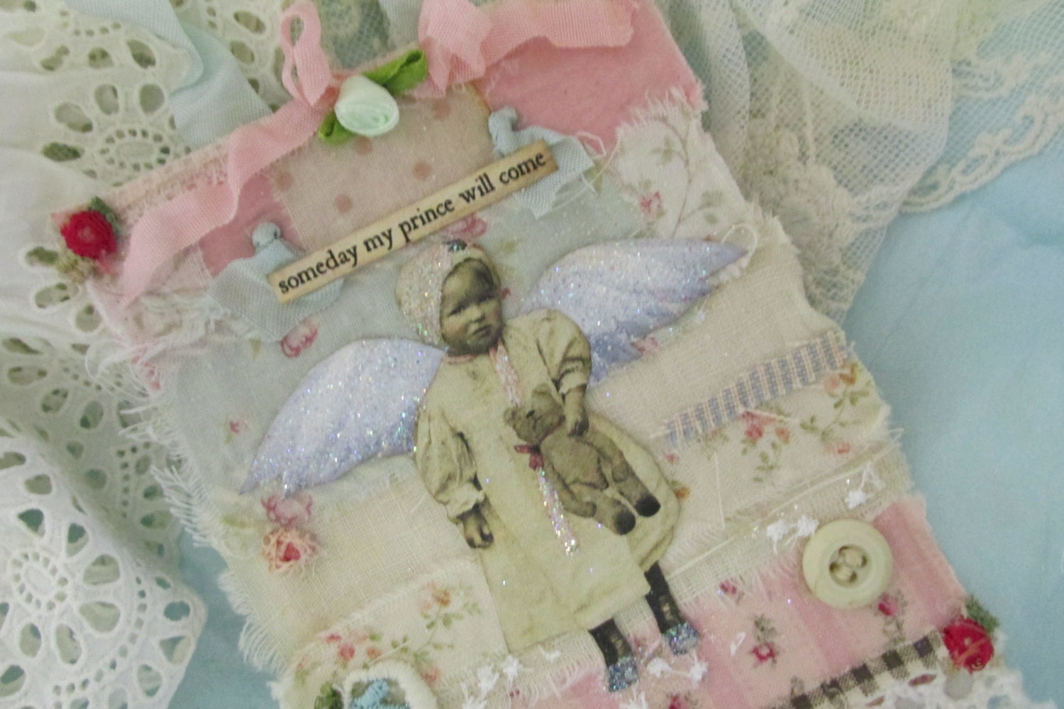 Mixed Media Art Collage Vintage Lace Collage Wall Hanging  Shabby Rose Decor