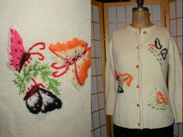 Vintage 50s wool embroidered cardigan sweater w/ butterflies womens size large