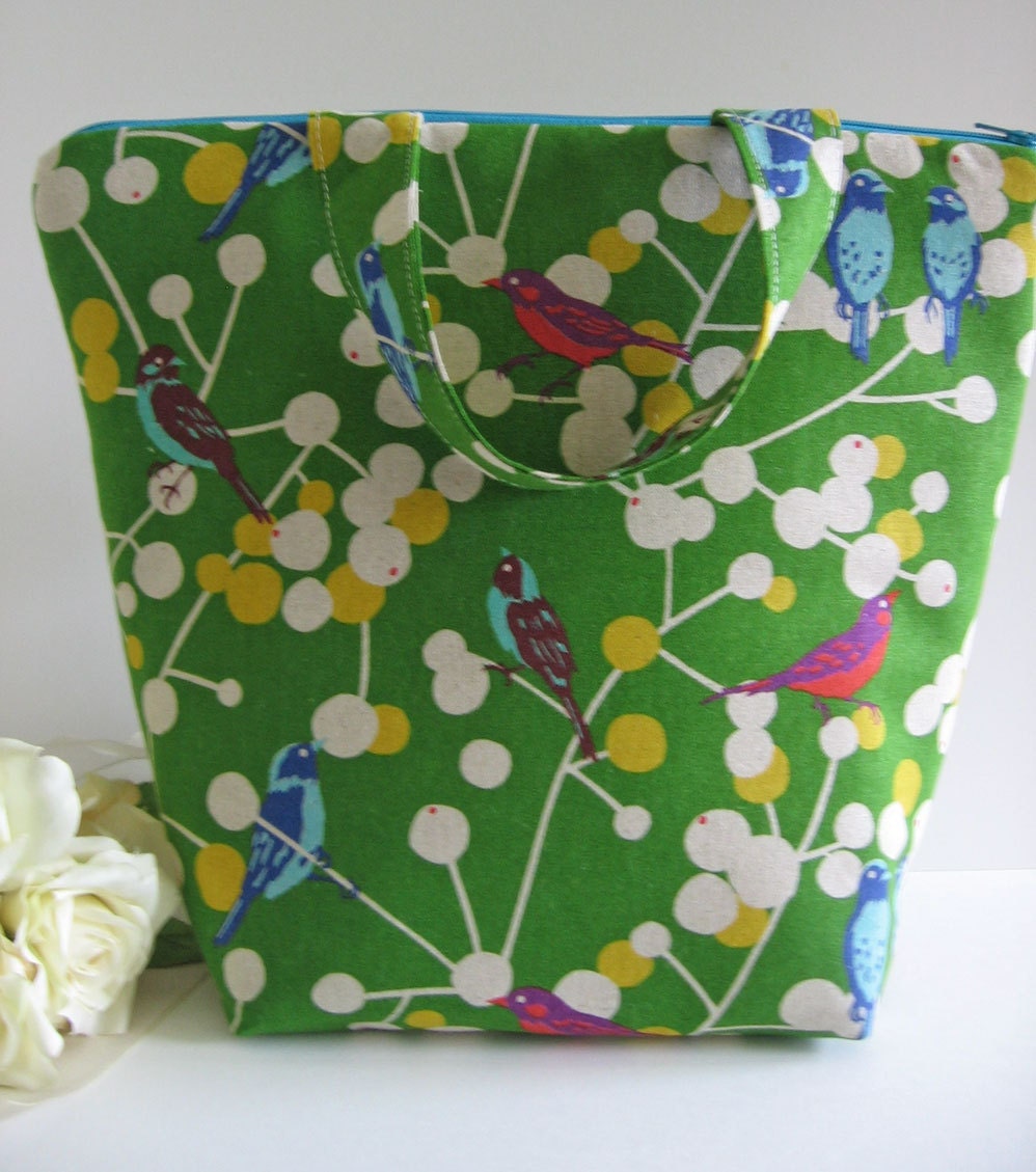 Green birds Insulated Lunch Bag / cherries / lunch Tote / teachers lunch bag