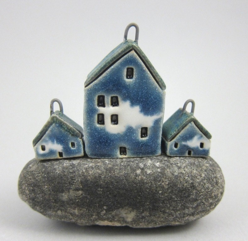 Sky Cottages...Set of Porcelain House Pendant and Earrings