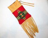 Fringed Possibles Bag / Cedar Bag / Medicine Bag XL Wool and Leather Red Twilight Star