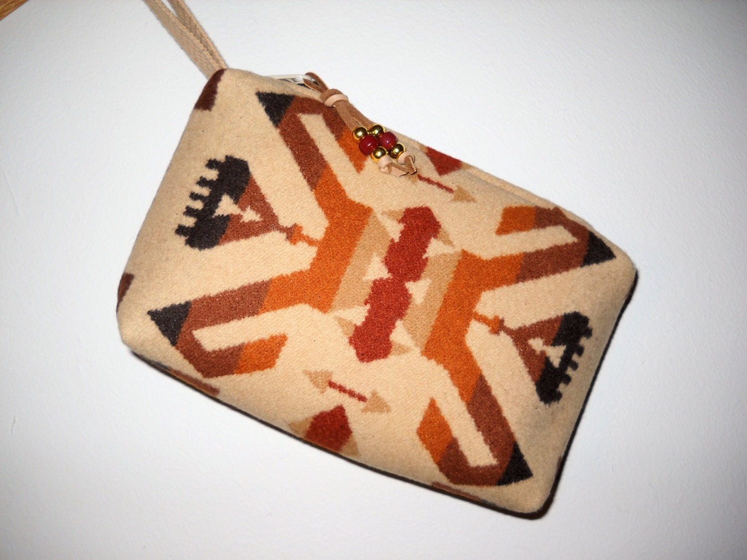 Wristlet Brown and Tan Wool with Tan Strap Southwestern Geometric Tribal