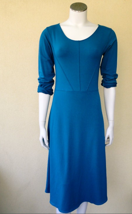 Origami Dress - READY TO SHIP - long fitted romantic dress organic cotton bamboo - teal blue dress - organic long knit dress