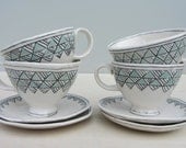 Porcelain Geometric Sketch Patterned Teacup and Saucer in Turquiose
