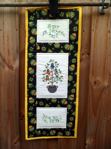 St. Patrick's Day wall hanging - quilted and embroidered - Tweet - 27 in x 10 3/4 in
