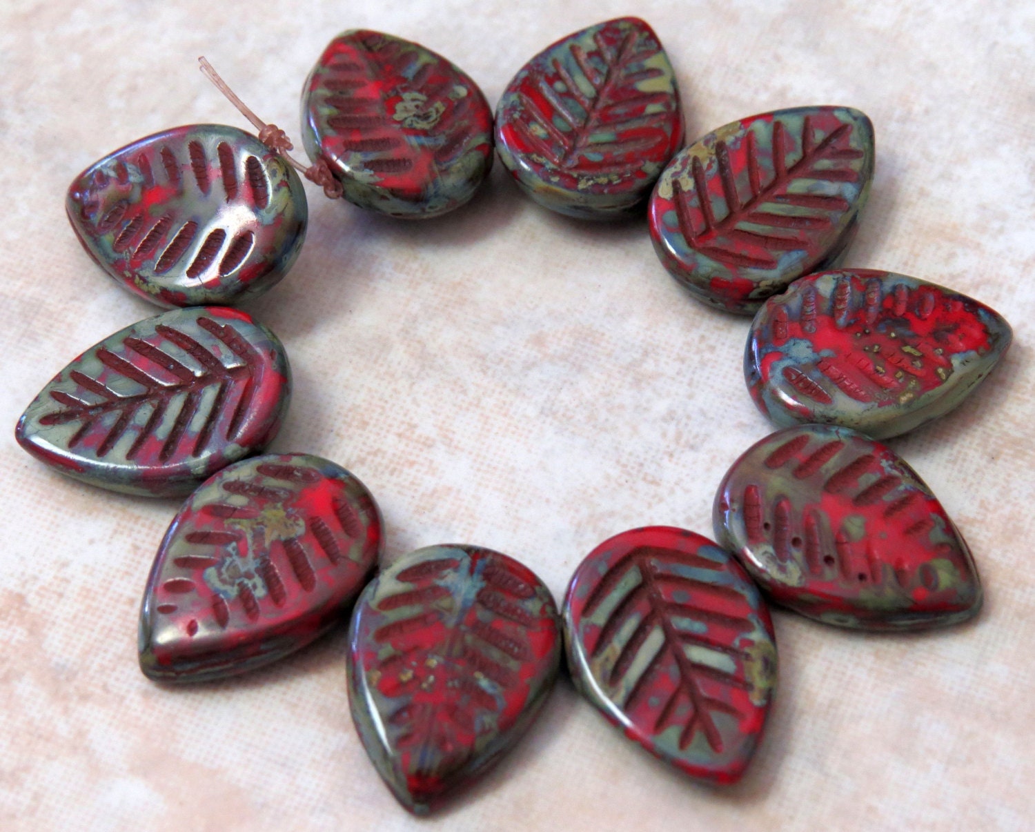 17x12mm Opaque Red Picasso Czech Glass Leaf Beads - Qty 10 (E83)