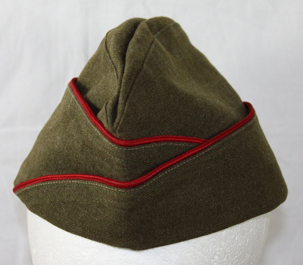 Vintage US Military Garrison Hat,   Red Trim, Wool Blend, 1940's