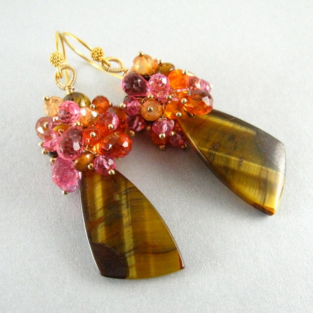 Tigers Eye and Gemstone Cluster Dangle Gold Earrings