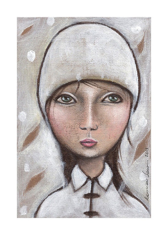 Original Painting Acrylic on canvas panel Portrait - Girl in white - Illustration Art Bird by Sara Cancian Ilgrandealbero