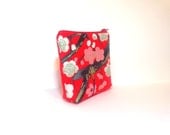 Zipper Pouch  Wallet  Cosmetic Pouch  Pink and White Cherry Blossoms on Red
