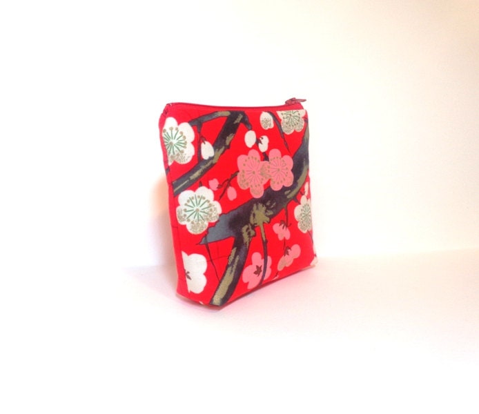 Zipper Pouch  Wallet  Cosmetic Pouch  Pink and White Cherry Blossoms on Red