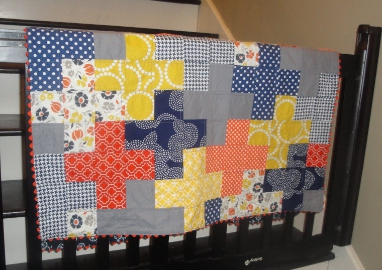 Modern Plus Quilt for Baby Toddlers - Orange Blue Gray Grey Yellow
