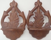 2 Vintage Wooden Handcarved Curio Shelves Handmade Leaf