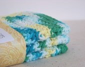 Wash Cloths, Dish Cloths, Cotton - Aqua blue green yellow - Crocheted 3 Piece Set "Waterlily"