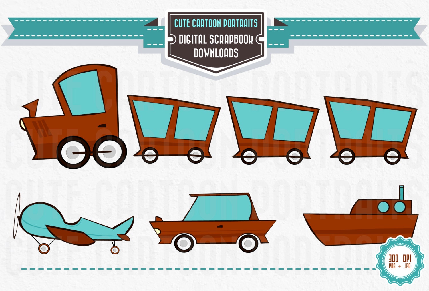 Instant Download - Retro Transportation Set - Clip Art Collage Sheet  - Train, Plane, Car, Boat