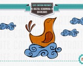 Instant Download - Retro Chicken Bird on a cloud- Cute Clip Art Digital Collage Sheet