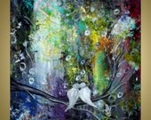 Original Modern Abstract Painting WHISPERING Moon Fantasy White Birds by Luiza Vizoli