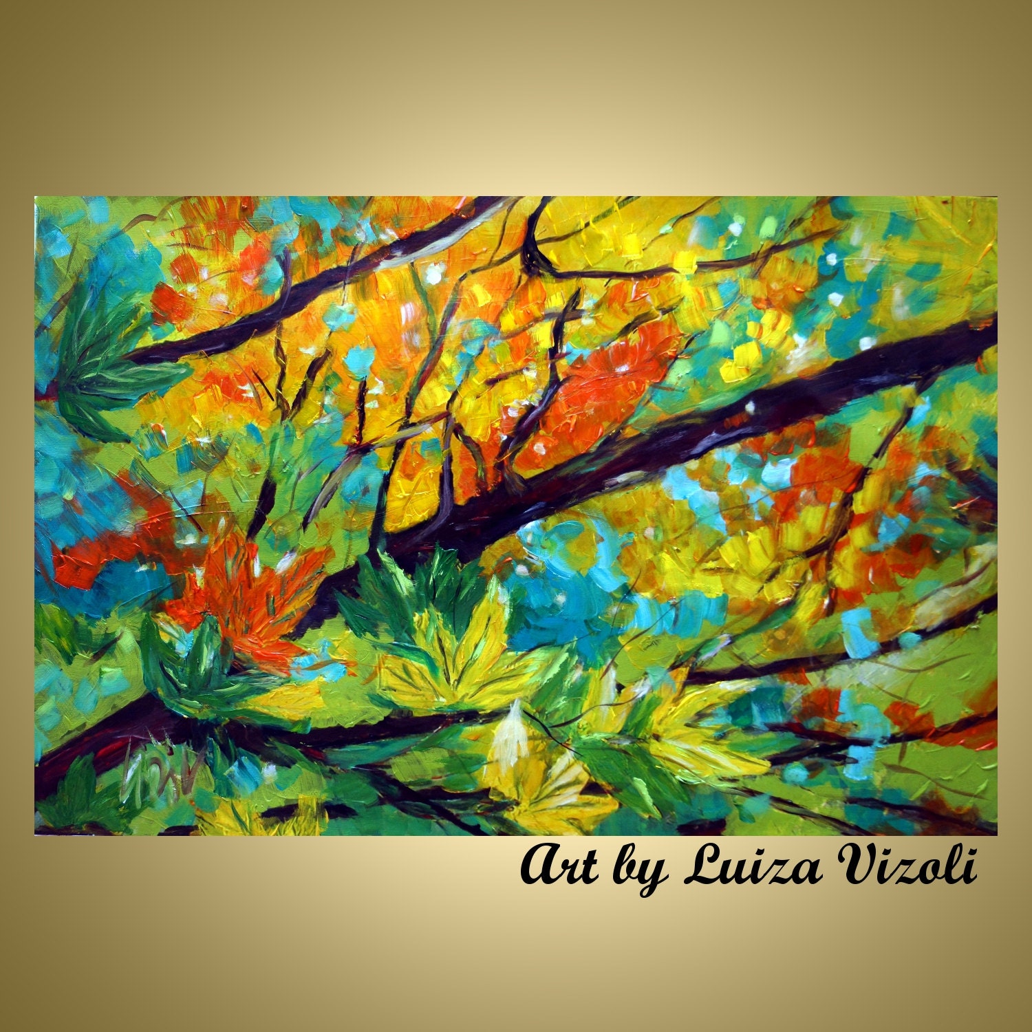 Original Modern Impasto Oil Tree painting MAPLE LEAVES Contemporary Impressionist Fine Art by Luiza Vizoli