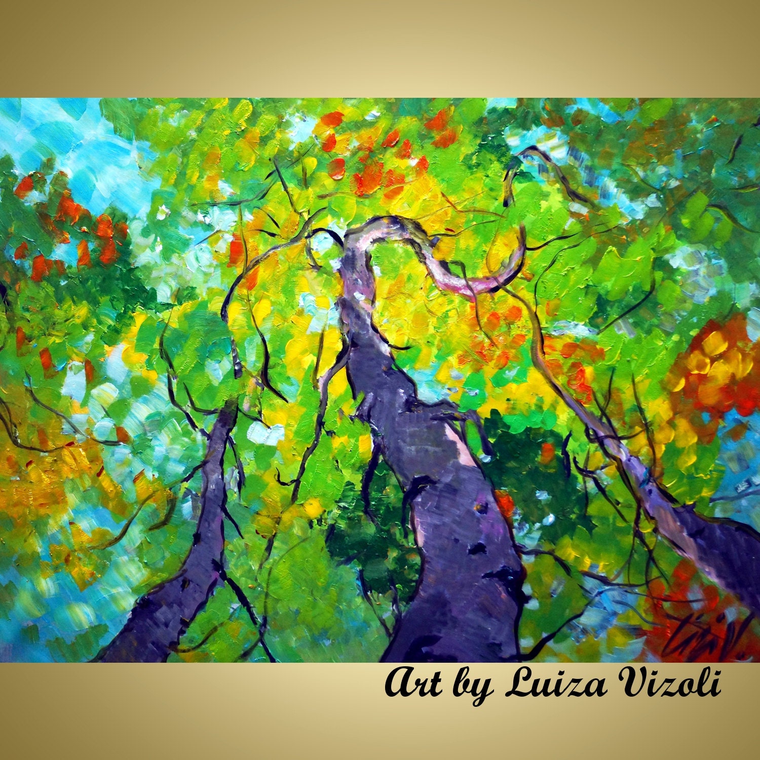 Aspen Trees Original Abstract SPRING Landscape Oil Large Painting 40x30 Canvas yellow,blue,green,grey Art by Luiza Vizoli