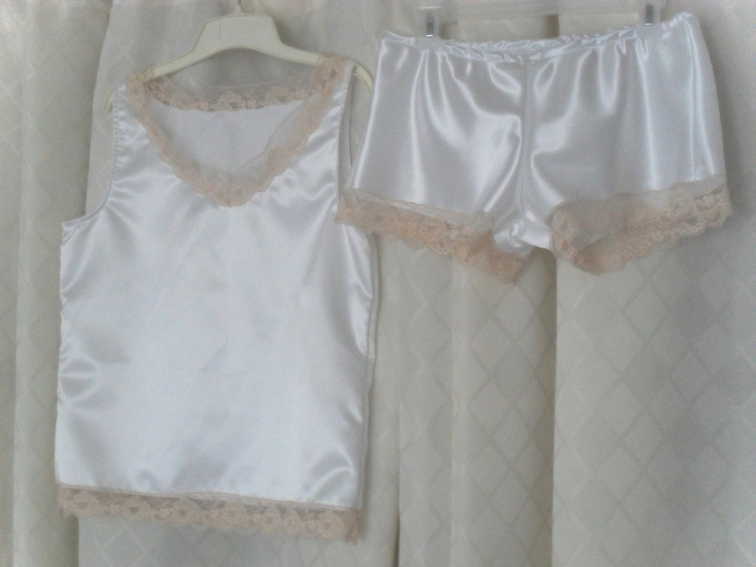 White Satin Camisole Top and Tap Pant with Peach lace trim OOAK