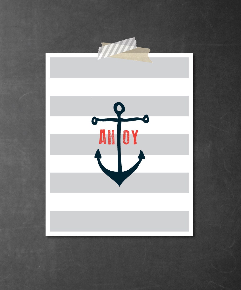nautical anchor art print in navy, coral and gray, 8x10