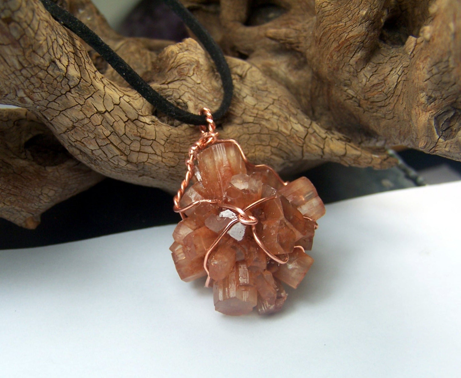 Aragonite neckace pendant - Aragonite Crystal copper wire wrapped - starburst  - Crystal Cluster - Specimen - Wire wrapped stone